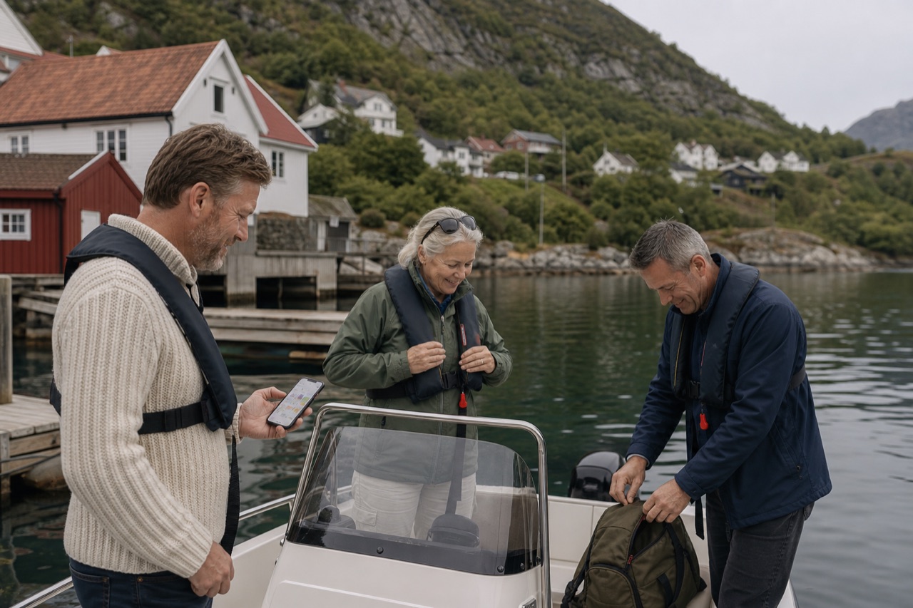 Tre venner gjør seg klare ved en fritidsbåt mens én sjekker mobilen